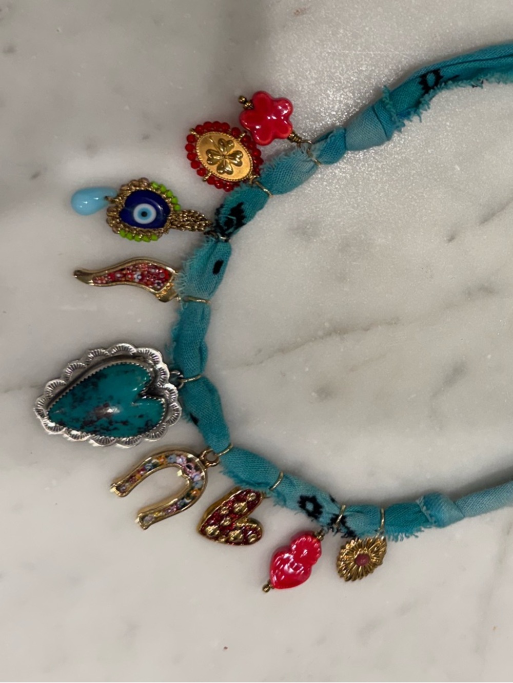 Turquoise Fabric Charm Necklace with Red and Gold Accents